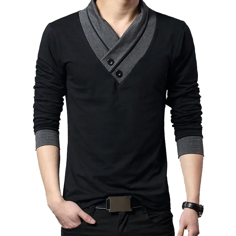 

A2531 Fashion Brand Trend Slim Fit Long Sleeve T Shirt Men Patchwork Collar Tee V-Neck Men T-Shirt Cotton T Shirts