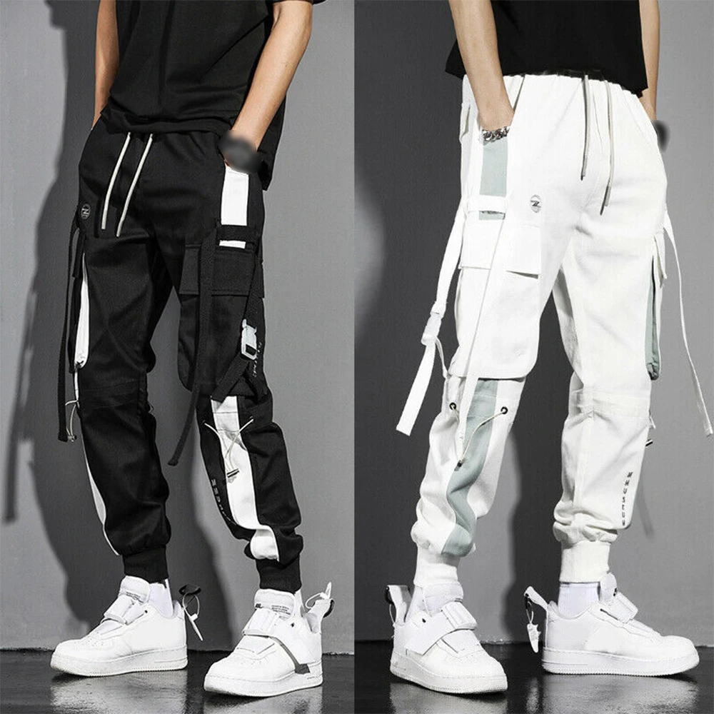 Mens Cargo Pants Casual Trousers Pocket Streetwear Joggers Hip Hop Harem Pants Multi-Pocket Ribbons Male Sweatpants Harem Pants