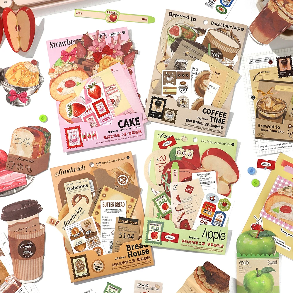 20pcs Fresh Store Series Food and Coffee Material Pack DIY Scrapbook Handbook Aesthetic Stationery Supplies