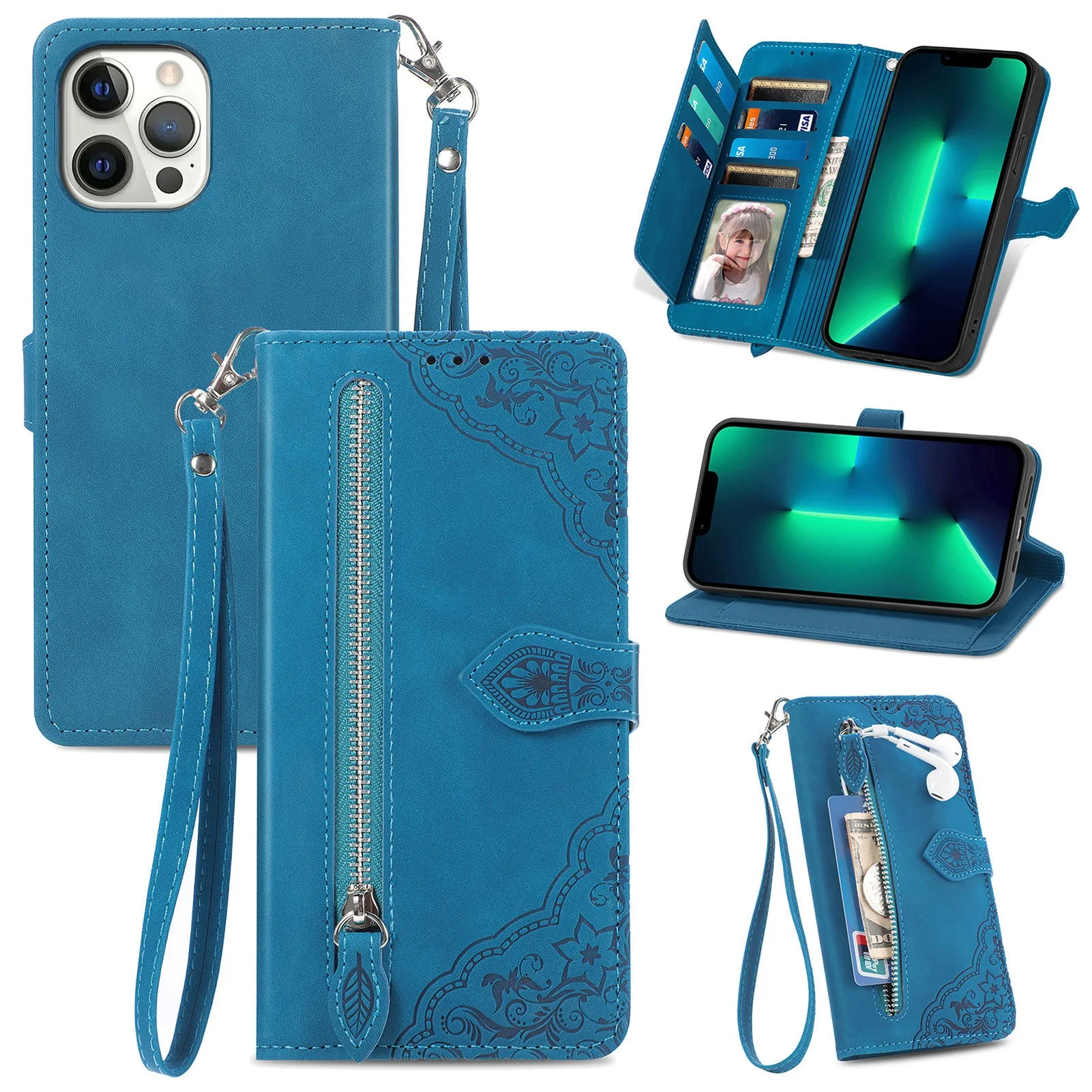 Lace Floral Leather Phone Case with Luxury Lanyard, Card Slots, and Wrist Strap Wallet Flip Cover