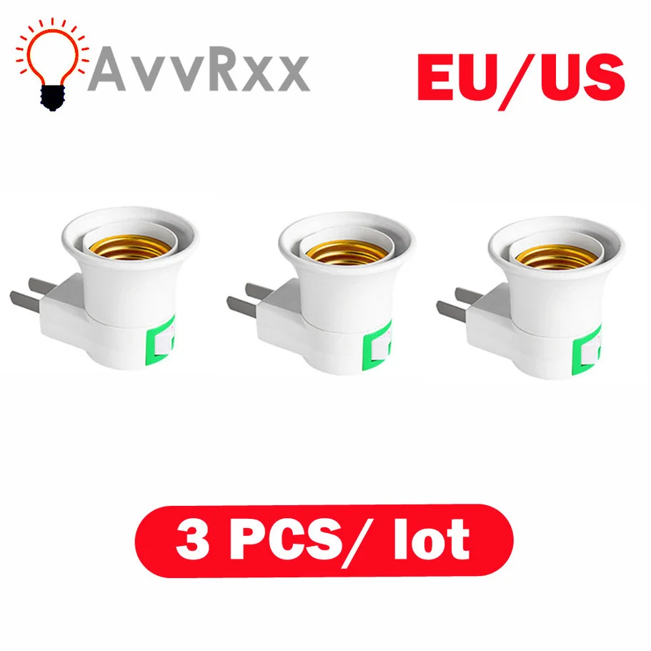 3pcs E27 EU/US Plug Adapter with Power On-Off Control Switch E27 LED Socket Lamp Base Lamp Socket Lamp Holder