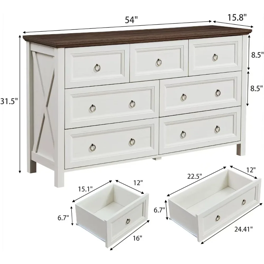 54'' Farmhouse 7 Drawer Dresser for Bedroom, Rustic White Dresser with Barn-Door Design, Spacious Tabletop & Round Brass Handles 2