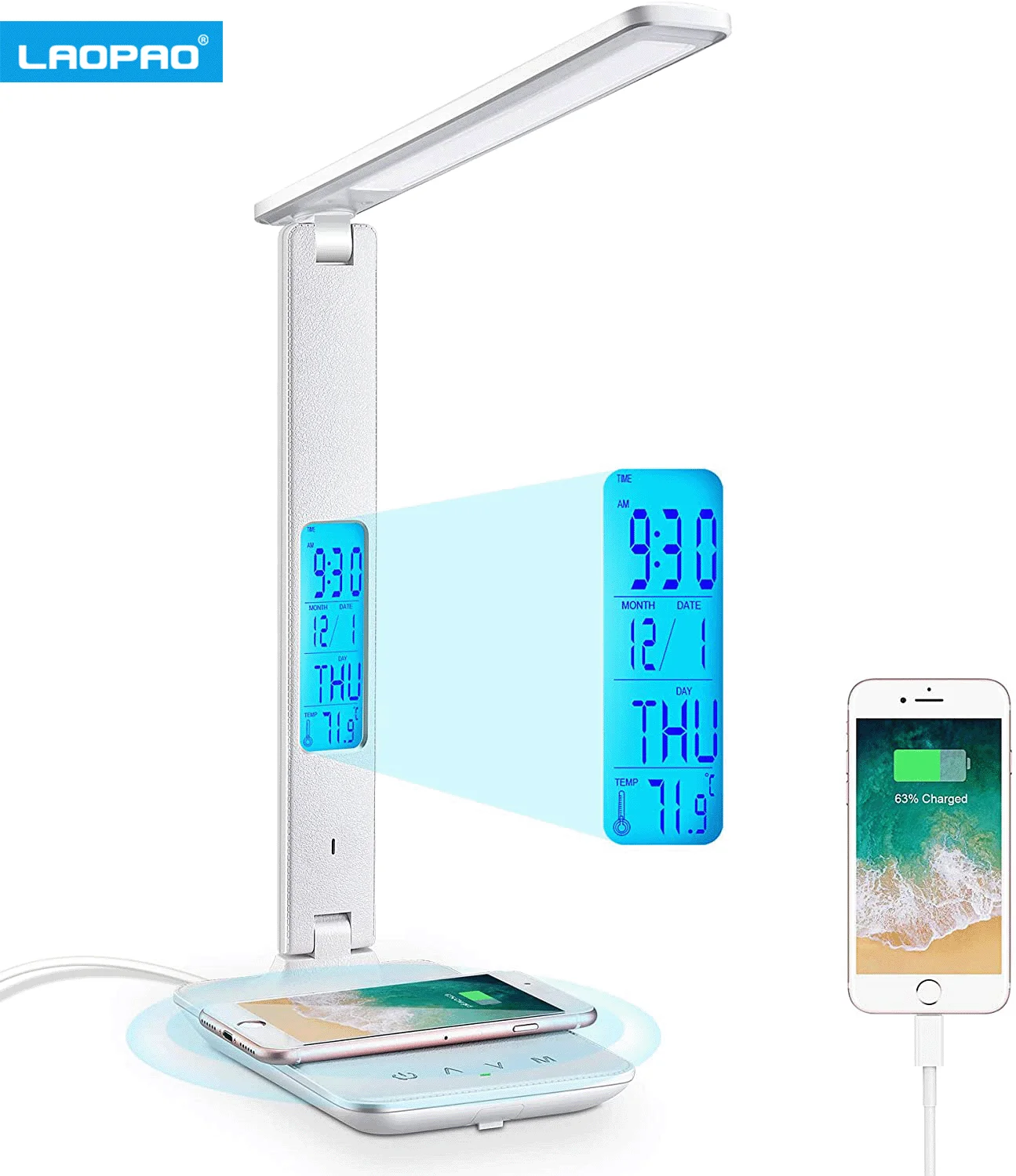 

LAOPAO10W QI Wireless Charging LED Desk Lamp With Calendar Temperature Alarm Clock Eye Protect Reading Business Light Table Lamp