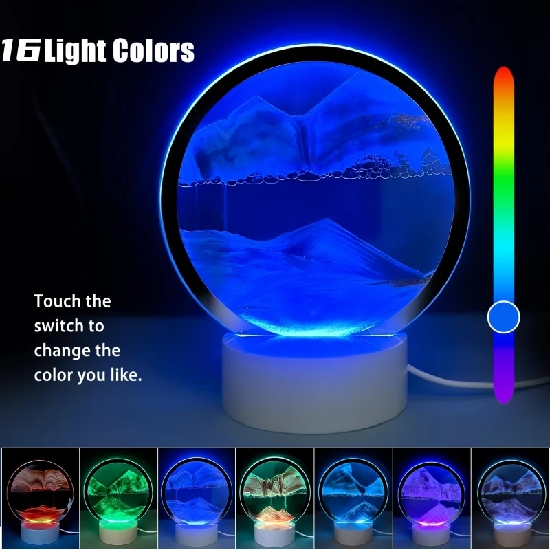 Lámpara de reloj de arena 3D para decoración de mesita de noche, luz LED de arena movediza con USB, 16 colores RGB, regalo para dormitorio, novedad de 2024