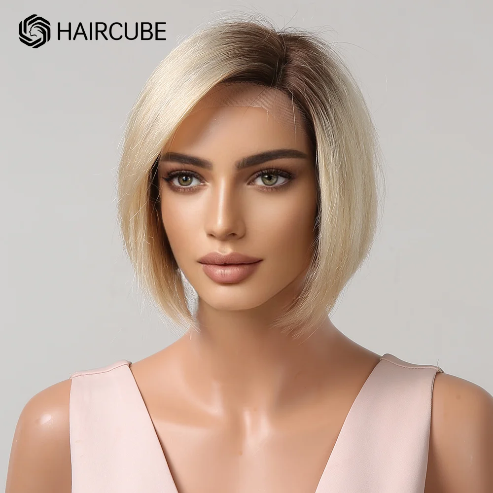 Bob Human Hair Wigs Ombre Light Blonde Pixie Cut Lace Front Wigs for Women Side Parted Straight Transparent Lace Wig HAIRCUBE