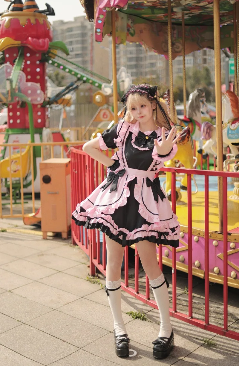 Anime Gothic Lolita JSK Kleid Kurzarm Kawaii Bow Maid Cosplay Harajuku Cute Pink Black 12