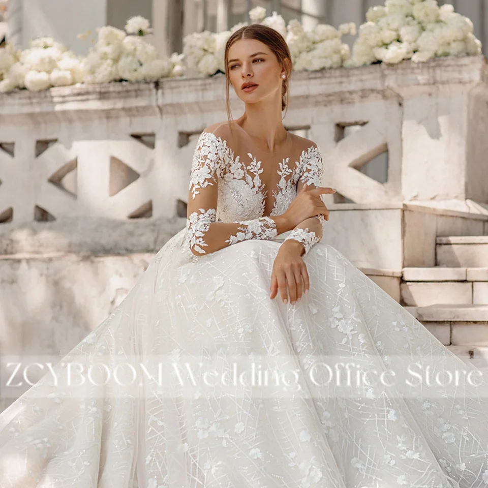 Maßgeschneiderte Elegante A-Linien-Hochzeitskleider mit Illusionsärmeln 2026 Prinzessinnen-Brautkleid mit Spitze und Abnehmbarer Schleppe Vestido De Novia – Detail 5