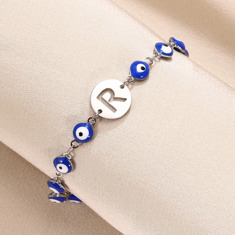 Turkish Blue Eye Letters Bracelets For Women Girl Men Jewelry Stainless Steel Silver Color Initials Round Bracelet Femme