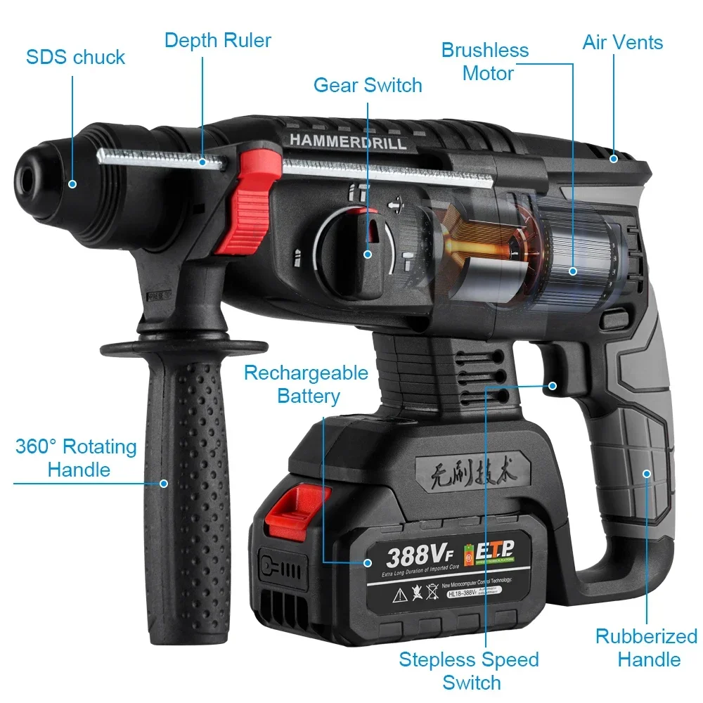 26mm Brushless Electric Hammer Cordless Rechargeable Multifunction Electric Rotary Impact Drill  Tool For Makita 18V Battery