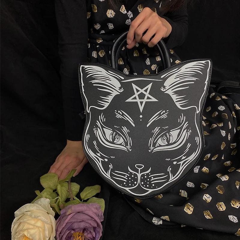 Gothic Pentacle Cat Purses and Handbags for Women Punk Harajuku Style Girls Shoulder Bag Black Top Handle Purse Fashion Totes