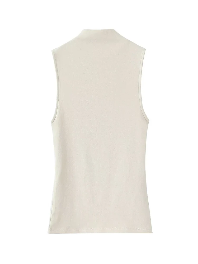 Women Solid Stand Neck Tank Top 2025 New Casual Fashion Basic Style Elastic Sleeveless Crop Tops Elegant Ladies Slim T-Shirt