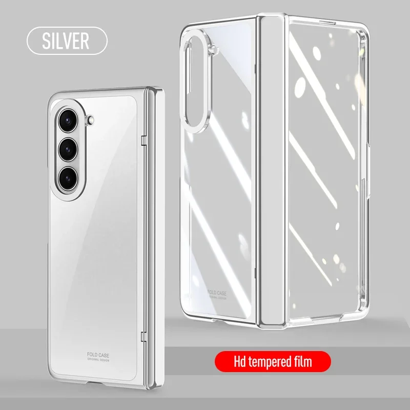 For Samsung Galaxy Z Fold 4 5 Case Electroplated Transparent With Tempered Film Folding Hinge Shockproof Protective Hard Cover