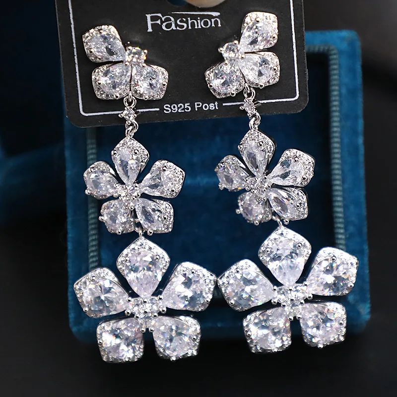 Flower Drop Earrings with Micro Pave Zircon Crystals