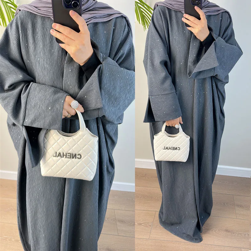 슬릿 기모노 슬리브, 반짝이는 가디건, 고품질 오픈 아바야 무슬림 여성 드레스, 가을 겨울, 신상