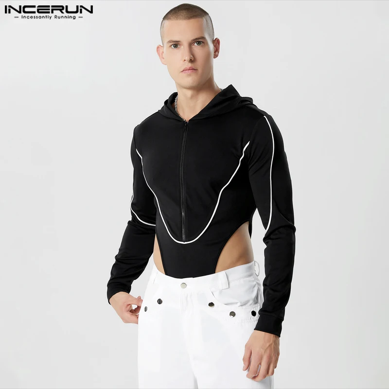 

Sexy Mens Homewear Bodysuits Fashion Splice Ribbon Bookbag Button Jumpsuits Casual Hooded Long Sleeve Rompers S-5XL INCERUN 2023