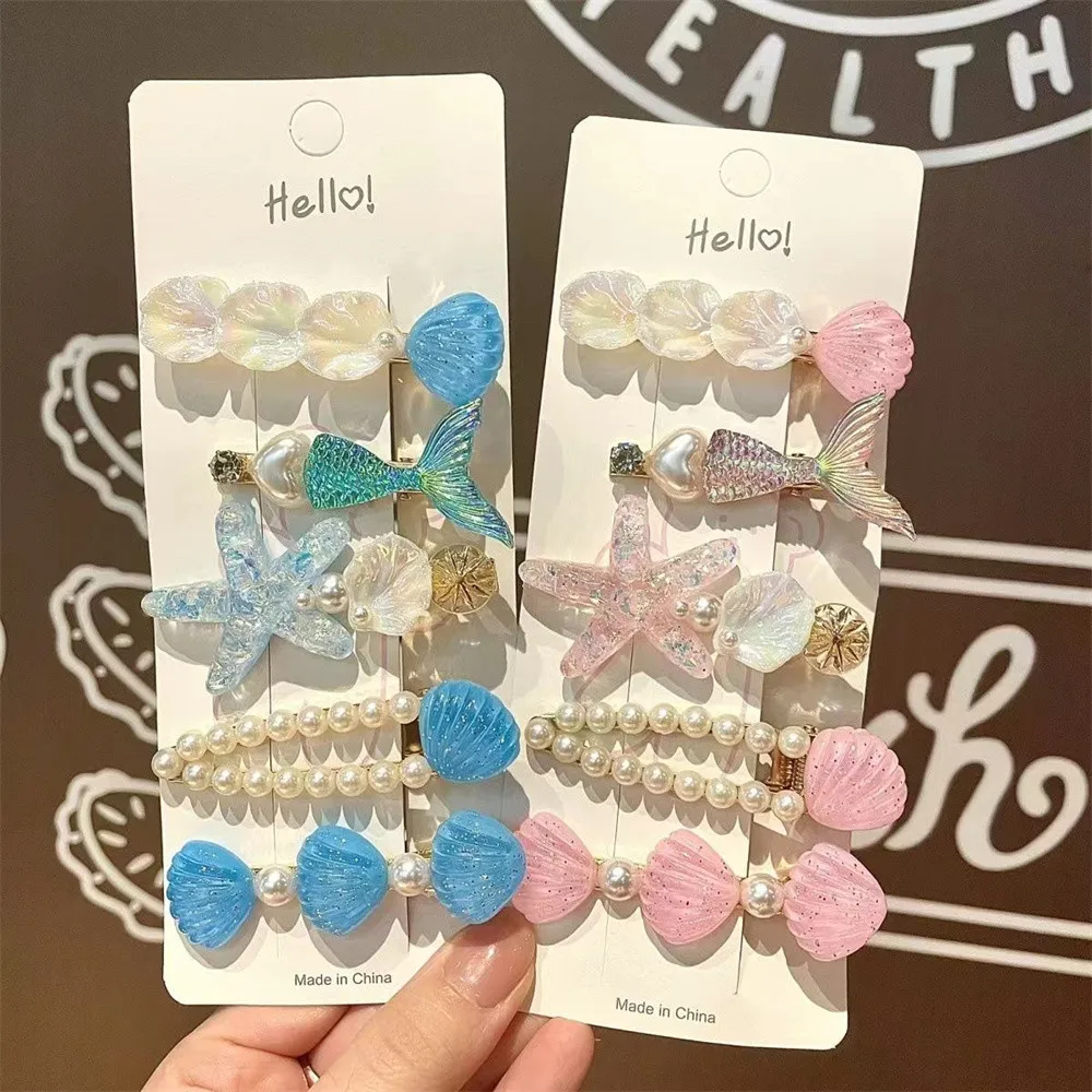 5 Pcs Cute Hair Clip Set Bangs Hairpin Mermaid Shell Starfish Pearl Sea princess Baby Girl Barrettes Hair Accessories 2