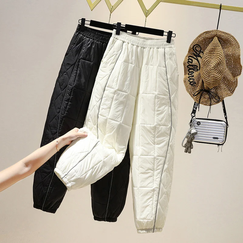 

Women Winter Thcik Warm Down Cotton Pants Padded Quilted Trousers Elastic Waist Casual Trousers