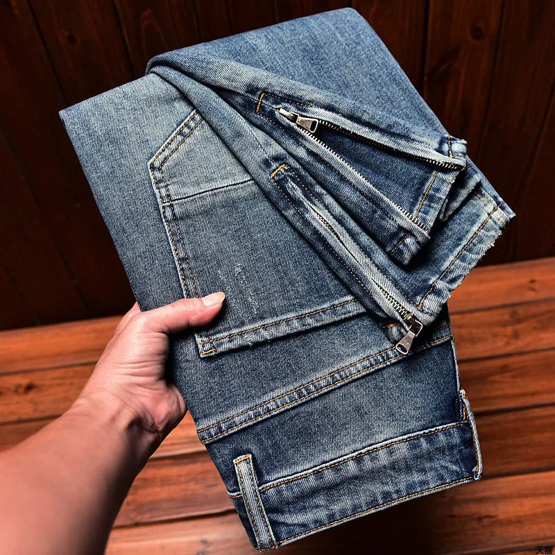 Punk Motorcycle Men's Jeans Men's Slim Fit Skinny Pants Vintage Zipper Motorcycle Stretch Korean Style Trendy Casual Pants