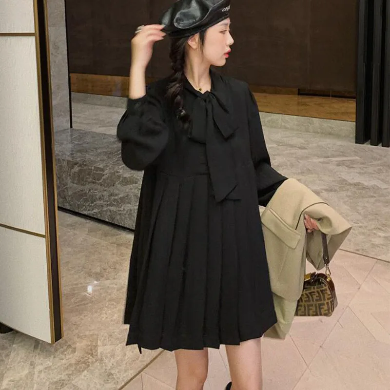 

2023 New Fall Size Academic Bowknot Relaxed Pleated Dress Free Shipping