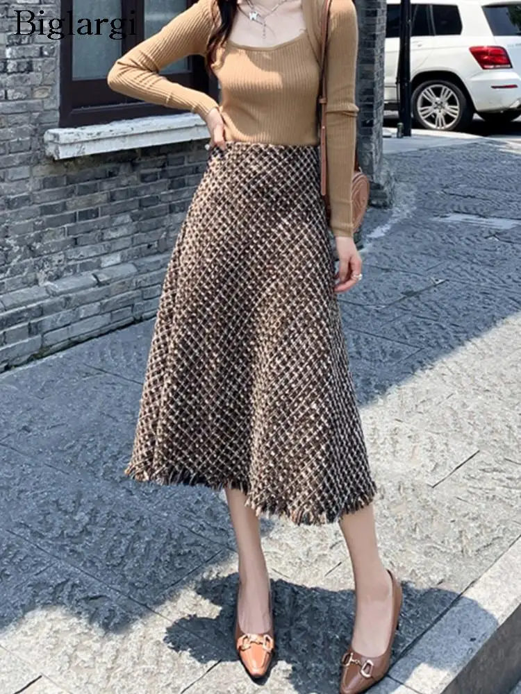 

Autumn Winter Tweed Print Midi Fringe Skirt Women Ruffle Pleated Modis Ladies Skirts Vintage Korean High Waist Woman Skirt 2023