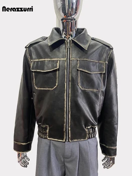 Nerazzurri primavera autunno Cool Vintage Distressed Pu Leather Jacket Men Zipper Luxury Designer American Retro Clothes 2024 1