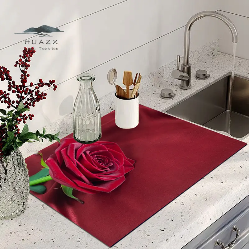 RedRoseDishDryingMatDrainPadforKitchenTablePlacematTableware