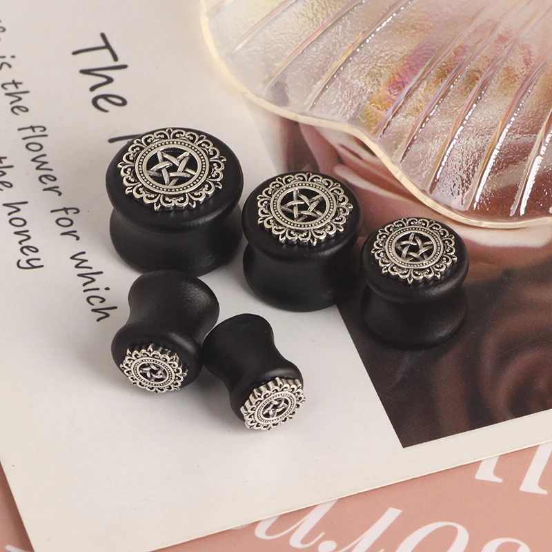 Black Natural Wood Mandala Flower Ear Plugs Tunnels Ear Expanders Earring Gauges Piercing Plug Ears Body Jewelry