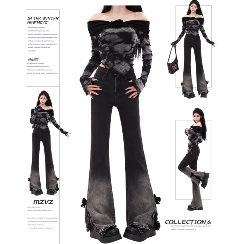 

Черные градиентные женские джинсы, трендовые прямые мешковатые джинсовые брюки с высокой талией, Европейская и американская мода, женские джинсовые брюки с широкими штанинами Y2K