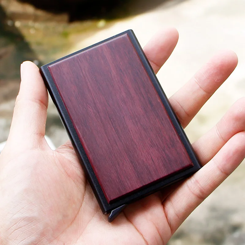 Anti-theft ID Credit Card Holder Pop Up Porte Carte RFID Slim Wood Aluminium Men Wallet Pocket Case Women Bank Debit Card Box