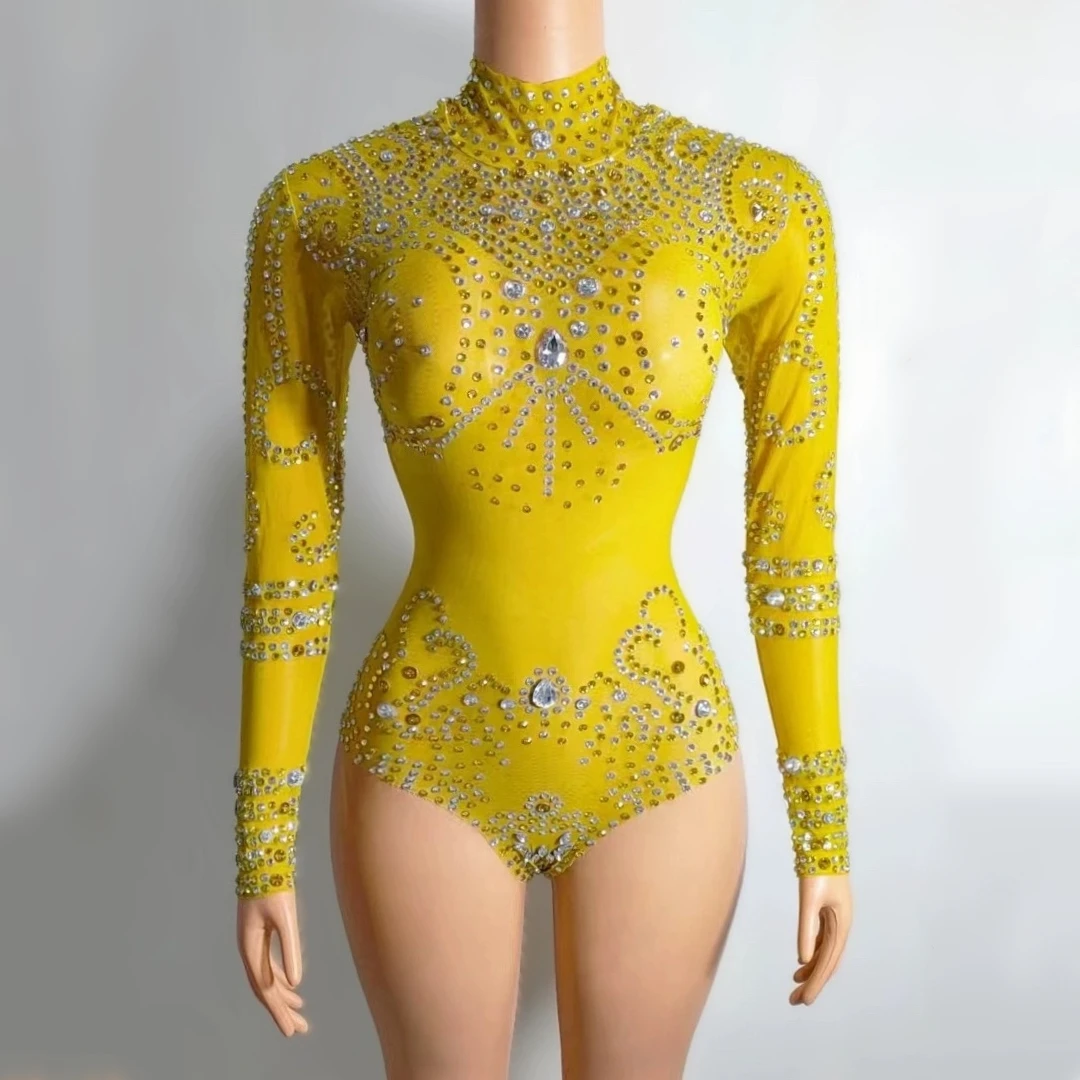 

Flashing Diamonds Yellow Color Long Sleeve Bodysuit Evening Party Celebrate Performance Costume Dancer Prom Nightclub Stage Wear