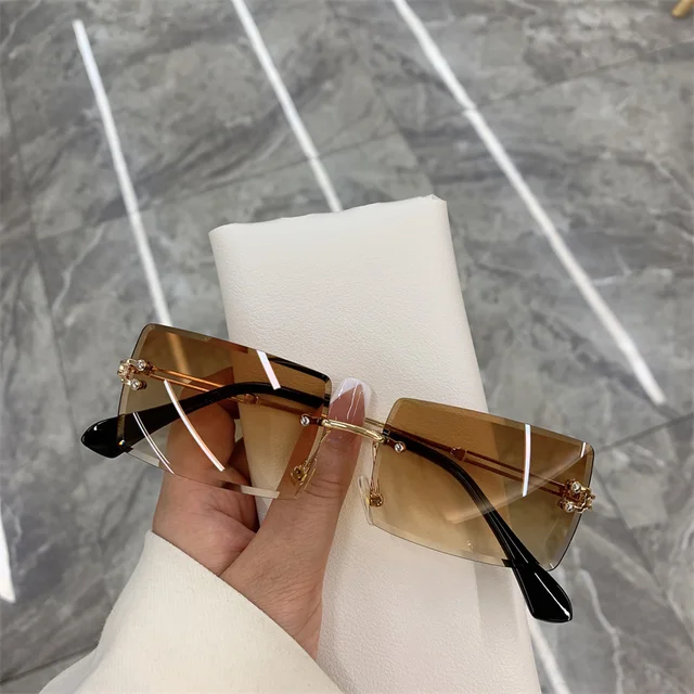 Vintage Fashion Frameless Sunglasses for Women Rimless Rectangle Shades Gradient UV400 Summer Traveling Sun Glasses 2022 Eyewear Gold Tea