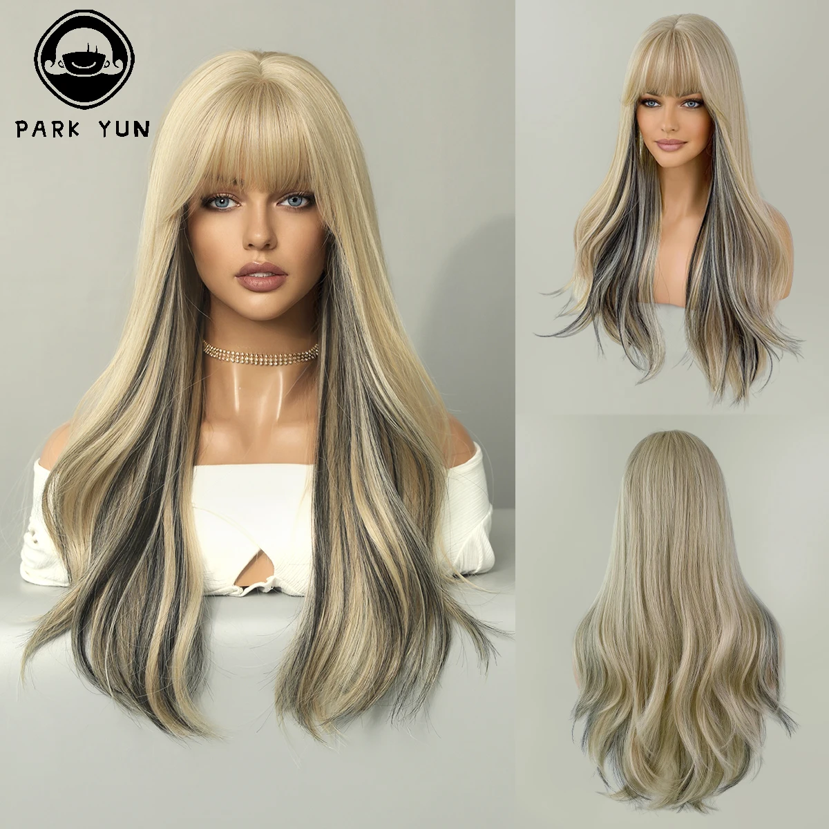 Long Curly Synthetic Wigs Blonde with Black Natural Hair Wigs Middle Part for Women  Use For Cosplay Daily Lolita Heat Resistant