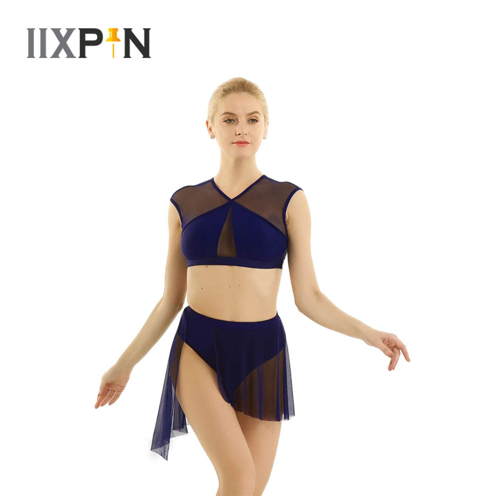 Women ballet Dress leotard Asymmetric Contemporary Lyrical Dance Dress Sleeveless Criss Cross Crop Tops + Short Skirt ballet leotard,dance leotard,ballet dress,girls dance costumes