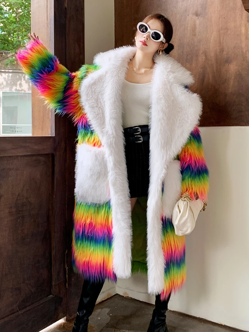 Rainbow Green Fur Long Loose Suit Lapel Furry Jacket Women's Lamb Fur Pocket Coat Cotton Padded Thick Long Sleeved Windbreaker