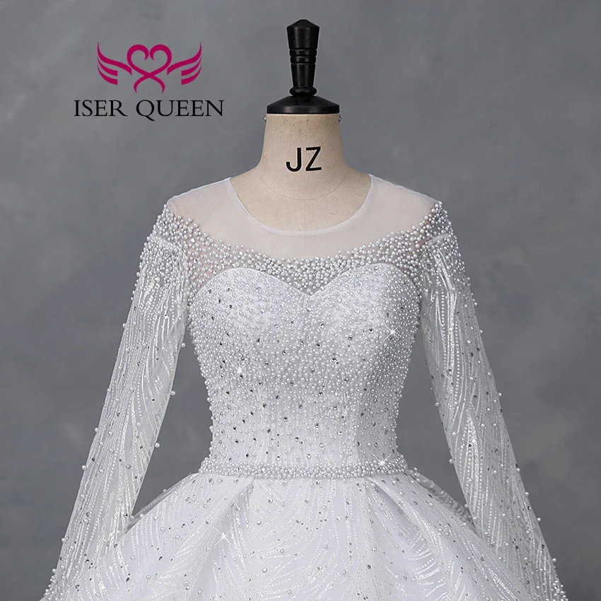 Customized Sheer Neck Long Sleeves Wedding Dress 2026 New Fashion Pearls And Crystal Beaded Luxury Wedding Dress Bride WX0467