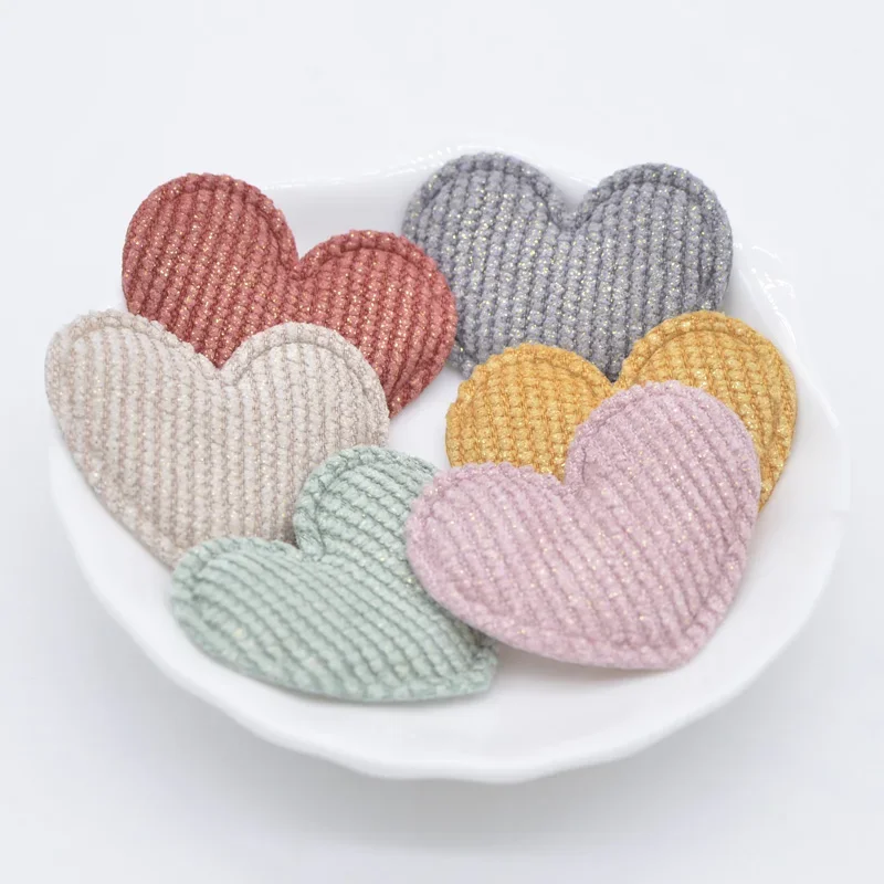 50Pcs/lot 35*30mm Padded Glitter Cloth Heart Appliques for DIY Hat Clothes Leggings Sewing Supplies Headwear Decor Patches