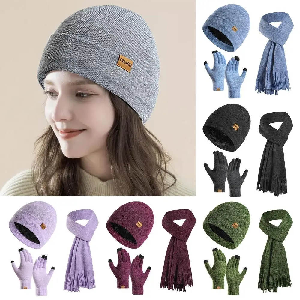 

3Pcs/Set Winter Warm Knitted Hat Scarf Gloves Set For Men Women Outdoor Riding Hat Beanies Neck Protection Scarf Cap