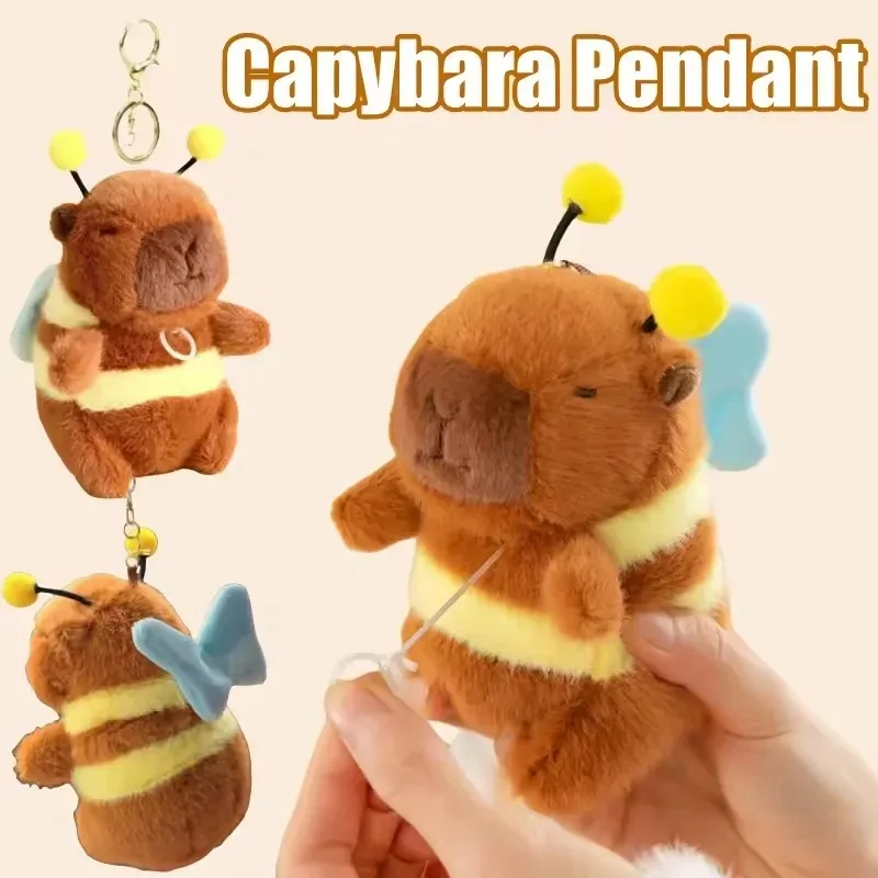 1-10PCS Brown Soft Capybara Key Ring Cross Dressing Funny Plush Bee Pendant Fur Pulling Rope Cartoon Animal Keychain Couple