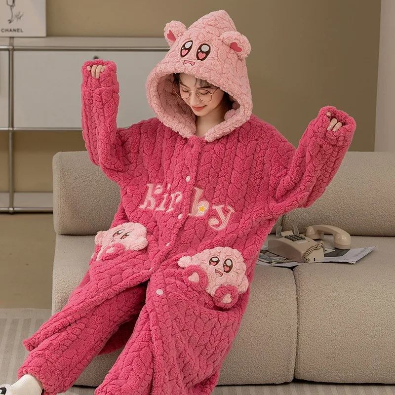 Pink Kirby Long Robes Women's Dressing Gown Winter Thick Warm Bathrobe  Female Coral Fleece Dinosaur Kimono Nightwear Sleepwear - AliExpress