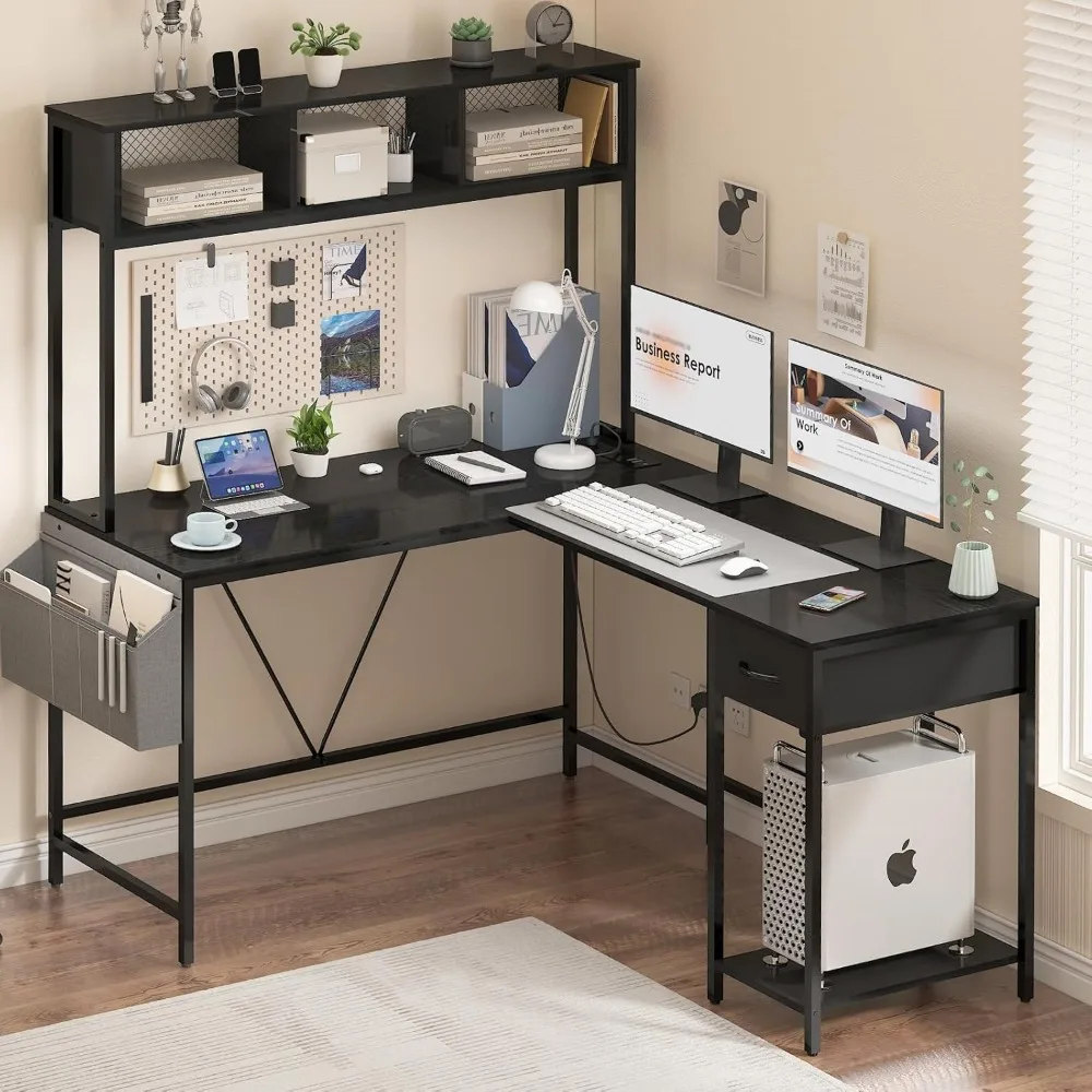 L Shaped Gaming Desk with LED Strip & Power Outlet, Storage Shelf & Drawer, Storage Bag, Reversible Corner ffice Computer Desk 2