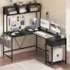 L Shaped Gaming Desk with LED Strip & Power Outlet, Storage Shelf & Drawer, Storage Bag, Reversible Corner ffice Computer Desk 2