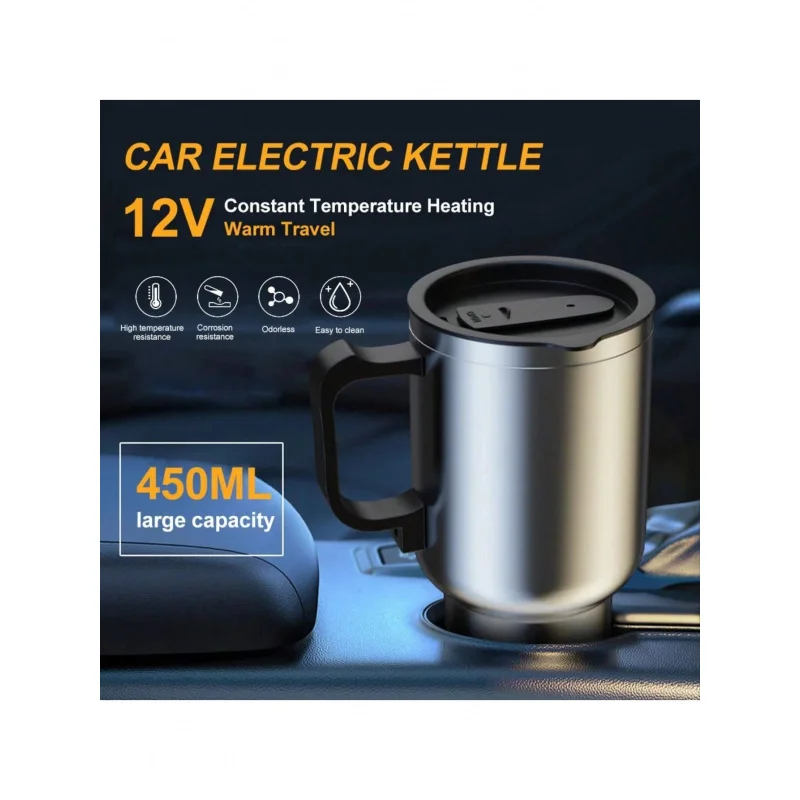자동차 전기 난방 컵 12V 스테인레스 스틸 보온병 450ml USB 가열 머그잔 야외 여행 캠핑 커피 차 따뜻한 액세서리