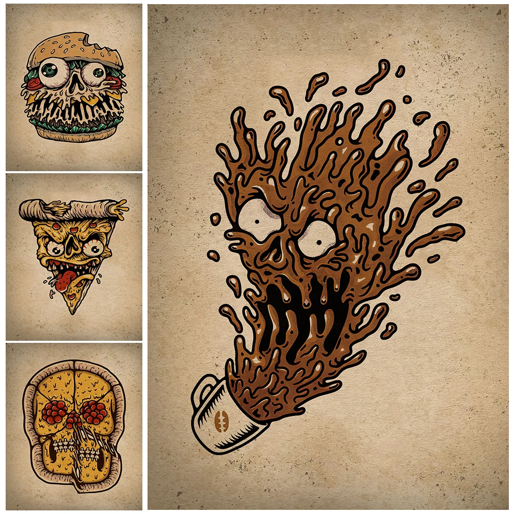 

Pizza Skull And Pizza Monster Vintage Wall Art Canvas Painting Ghost Food Art Poster And Print For Bar,Hotel,Restaurant Decor