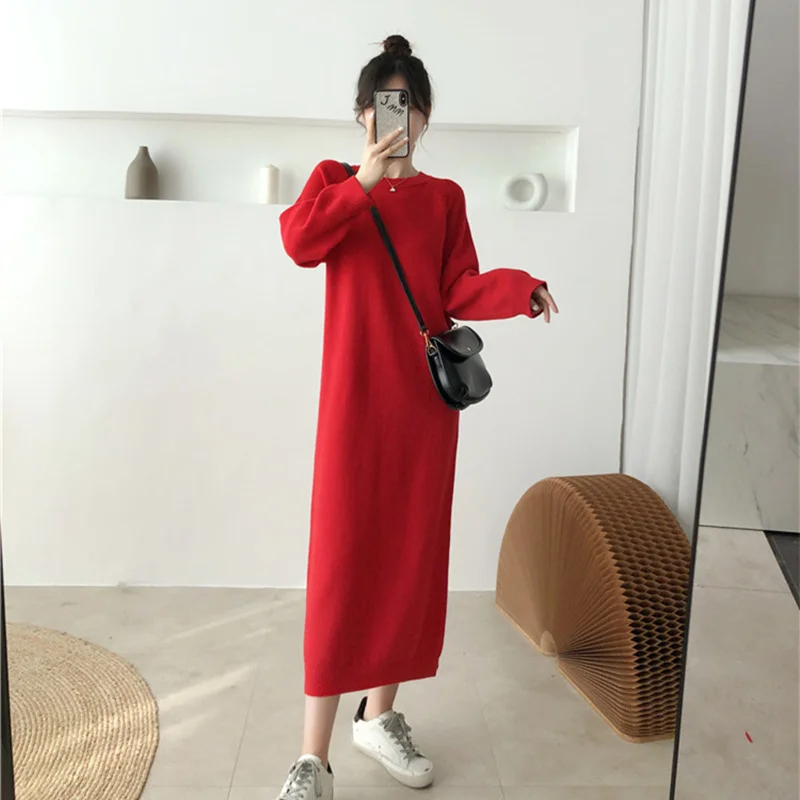 2023 Women Autumn Winter Round Collar Angora Maxi Sweaters Female Long Sleeve Straight Oversized Knitted Dresses