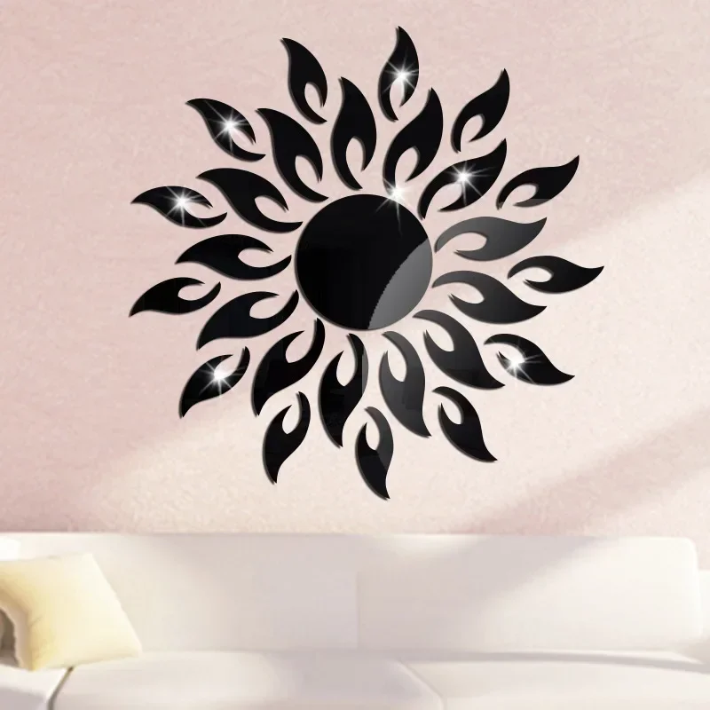 Gold Sun Flower Mirror Wall Sticker Adhesive DIY Wall Decor Decal Stickers Art Mural Wallpaper Living Room Decoration Home Decor