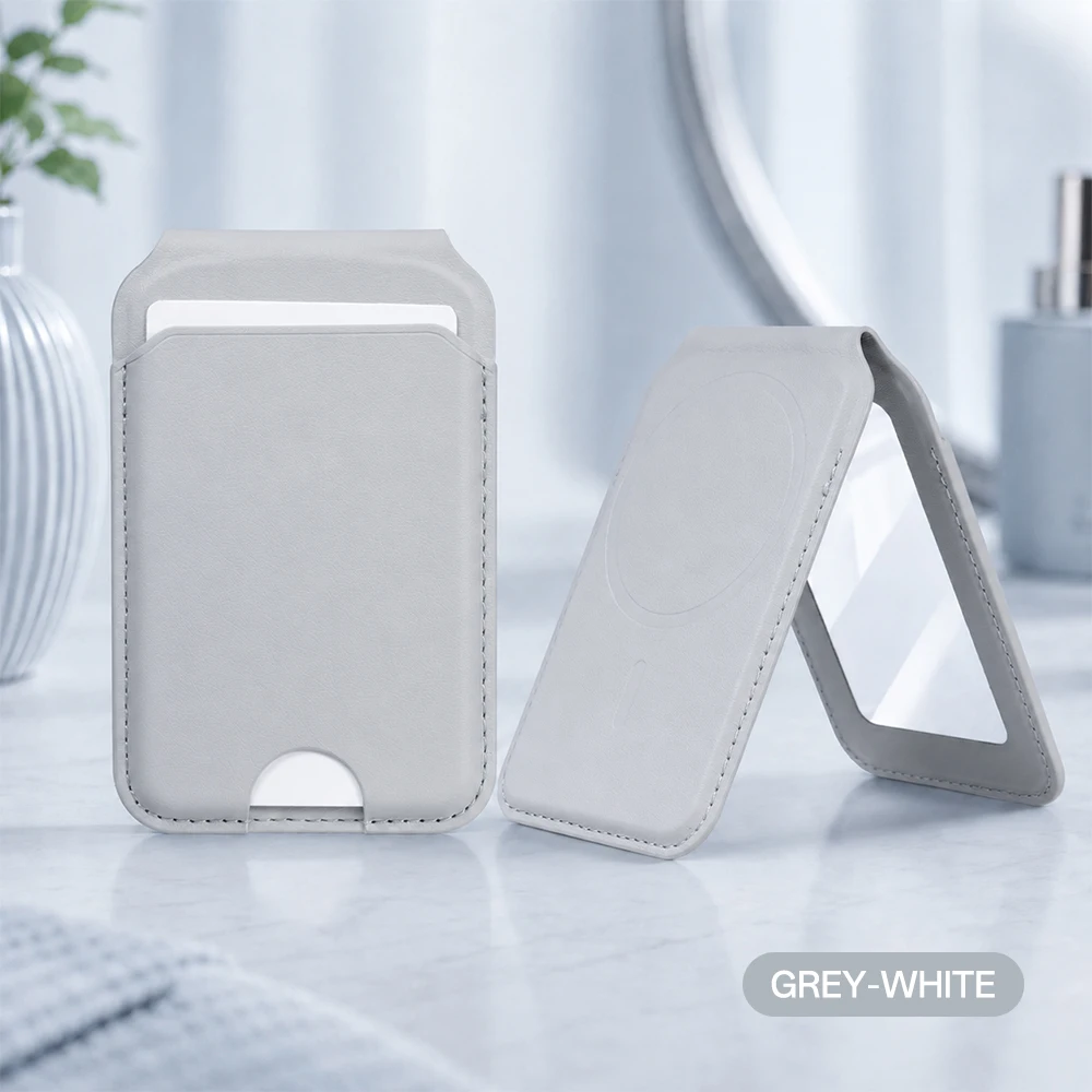 Sleek Leather Magnetic Phone Wallet with Mirror and Foldable Stand - Slim Card Holder