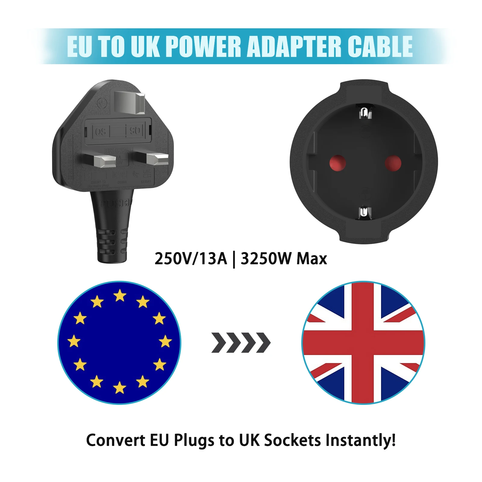 Universal EU to UK Power Adapter - Compact Travel Extension Cord 250V/13A