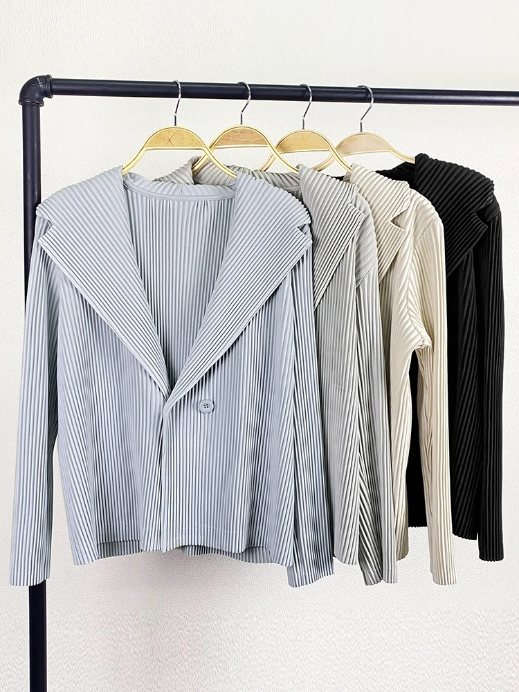 Miyake Pleated Notched Blazer Double Breasted Jackets Women Korean Fashion 2023 Spring Autumn New Ladies Luxury Designer Clothes