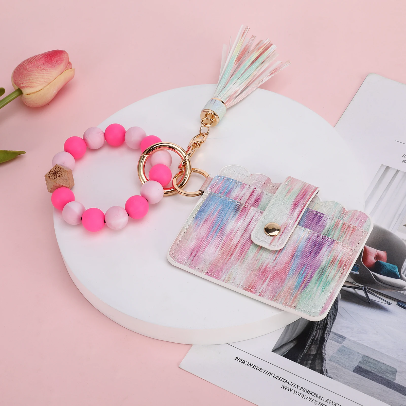 Pu Leather ID Credit Card Holder with Silicone bead key chain wristlet Fahsion Keychain For Women Colorful Pink Card Wallet