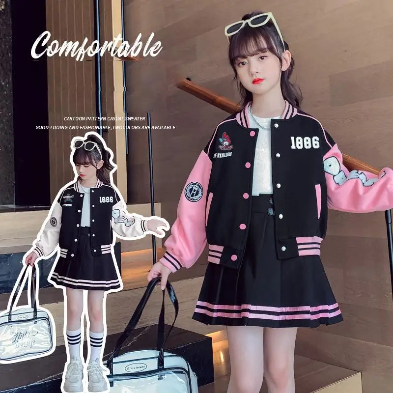

Детская бейсбольная форма Kuromi, костюм для девочек Sanrios, аниме, весна-осень, кавайное пальто, плиссированная юбка, мультяшный комплект из двух предметов, подарок